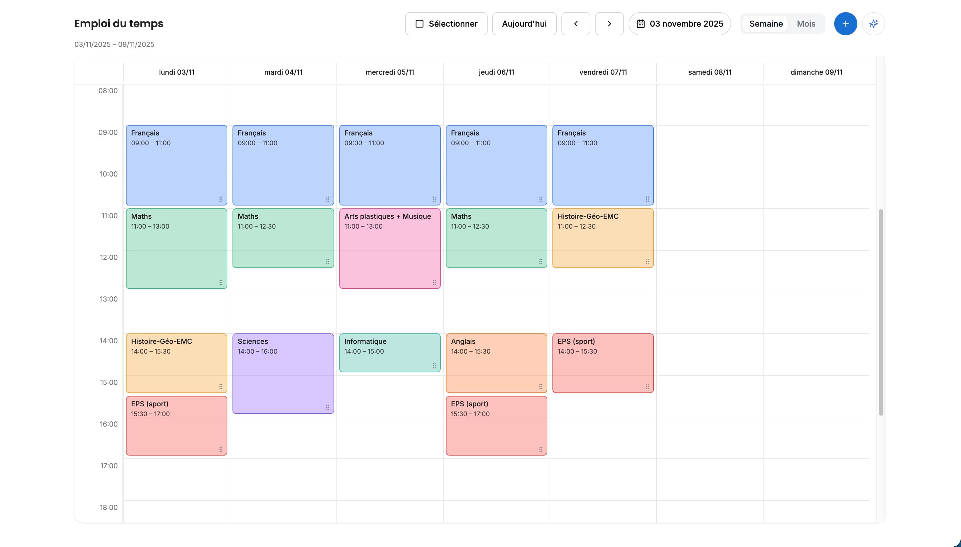 Exemple d'emploi du temps généré
